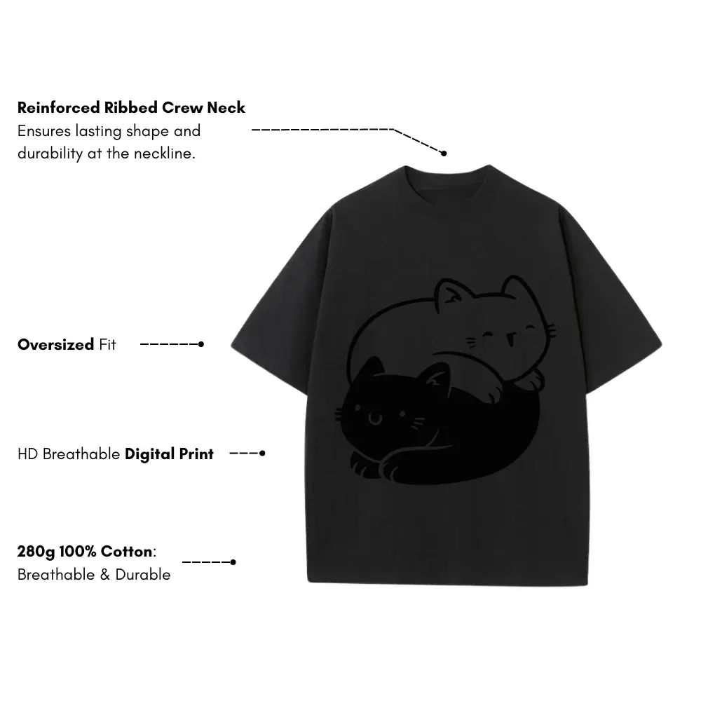 Ying Yang Cats Heavyweight Oversized Black Graphic Tee - Image 3
