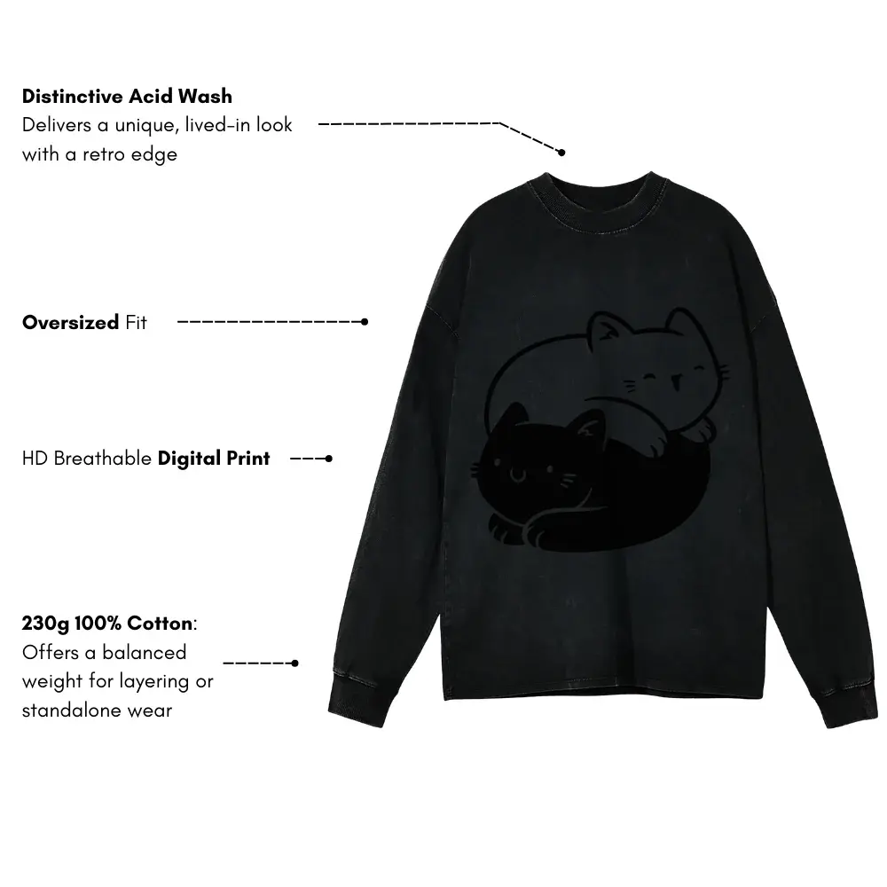 Ying Yang Cats Acid Wash Oversized Long Sleeve Shirt - Image 3