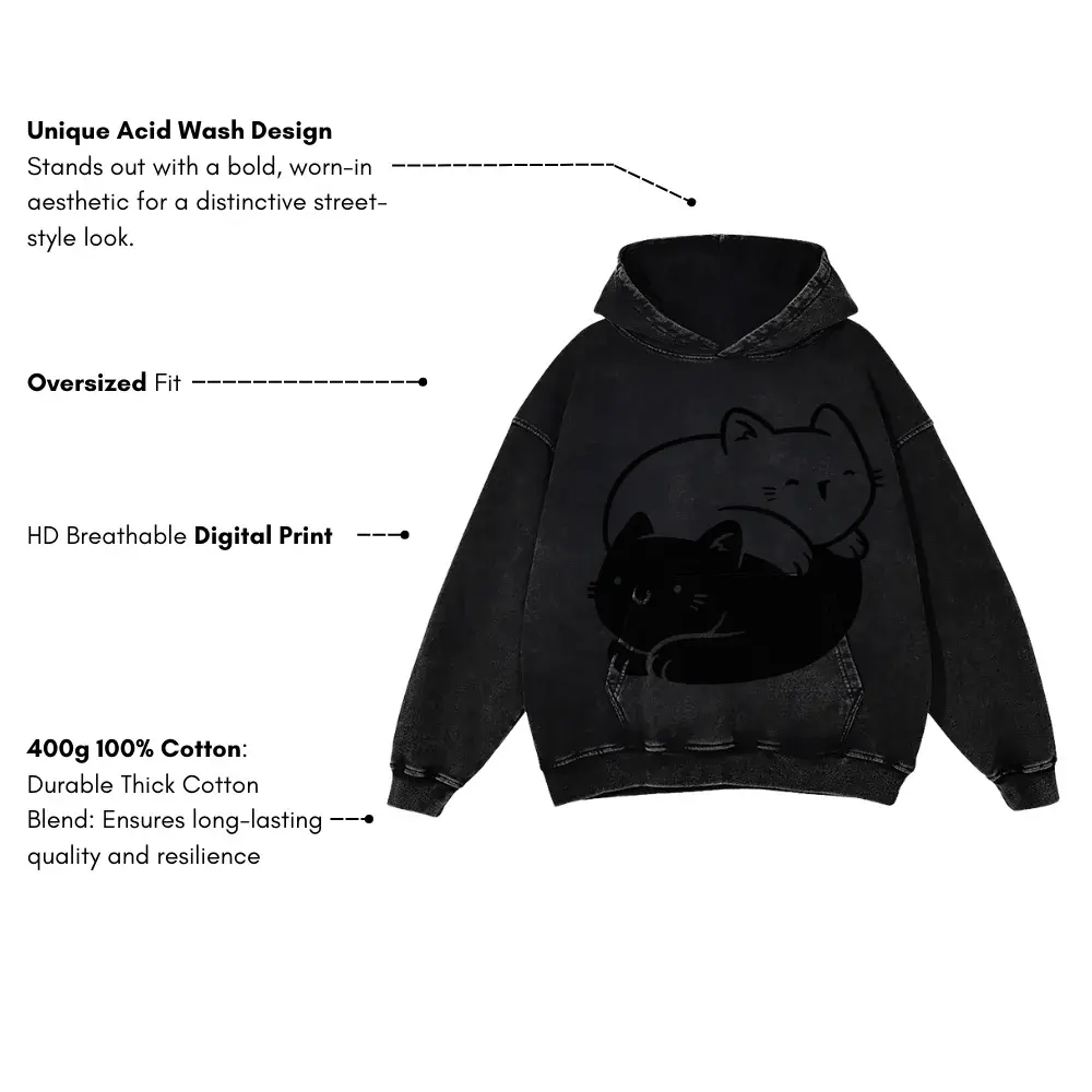 Ying Yang Cats Acid Wash Oversized Hoodie - Image 3