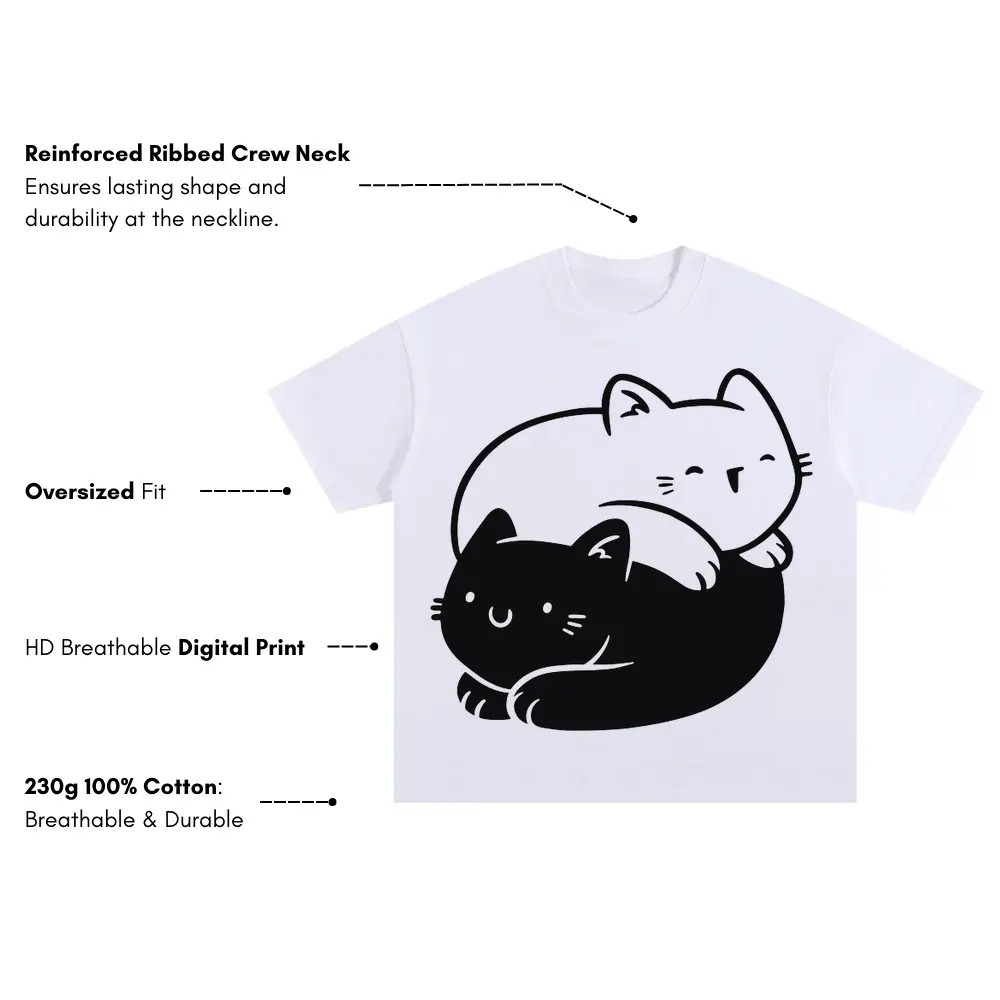 Ying Yang Cats Oversized White Graphic Tee - Image 3