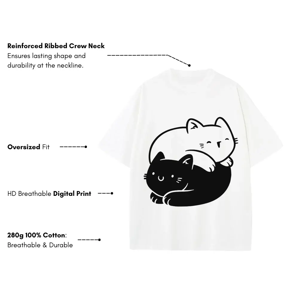 Ying Yang Cats Heavyweight Oversized White Graphic Tee - Image 3