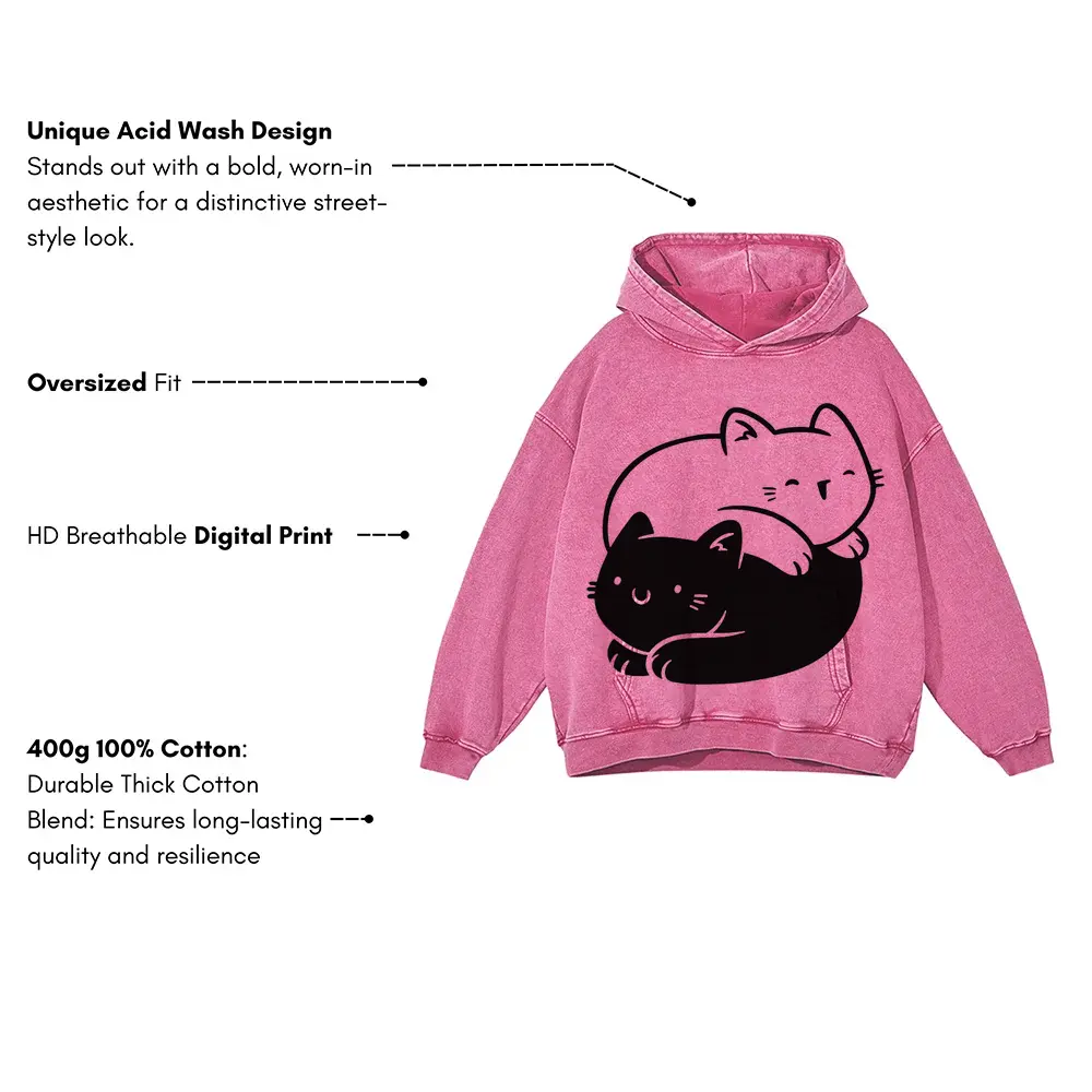 Ying Yang Cats Acid Wash Oversized Pink Hoodie - Image 3