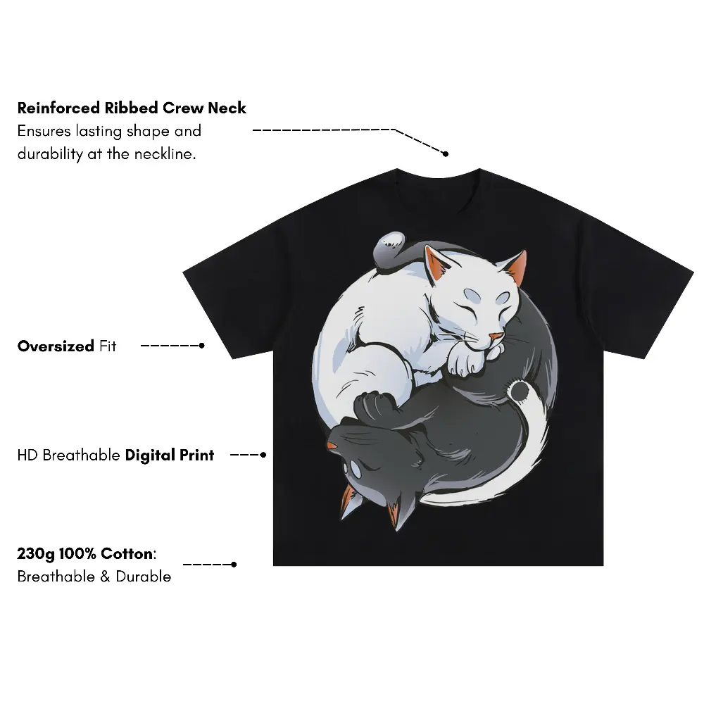 Zen Cats Ying Yang Oversized Black Graphic Tee - Image 3