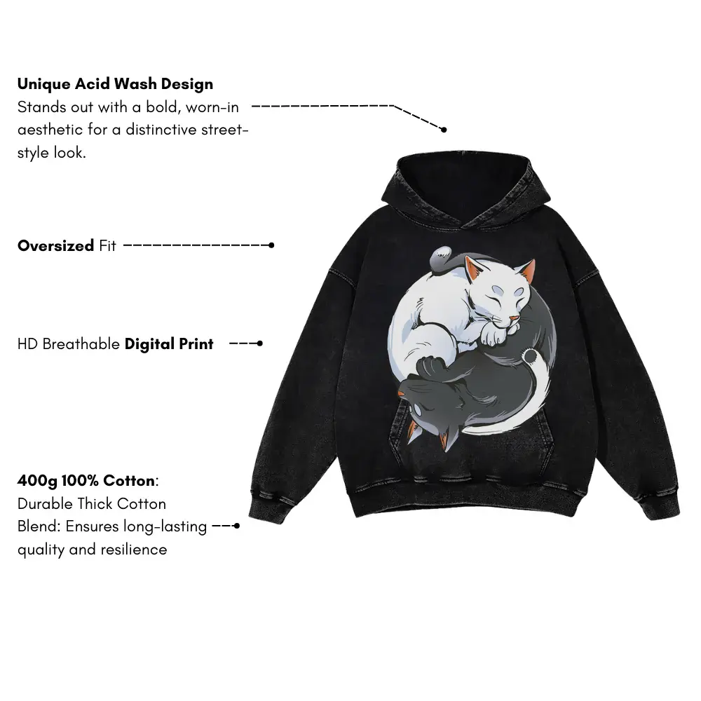Zen Cats Ying Yang Acid Wash Oversized Hoodie - Image 3