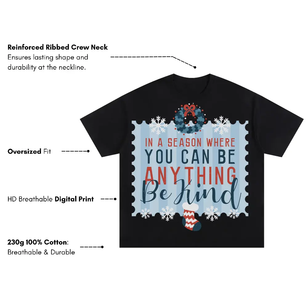 Be Kind Christmas Oversized Black Graphic Tee - Image 3