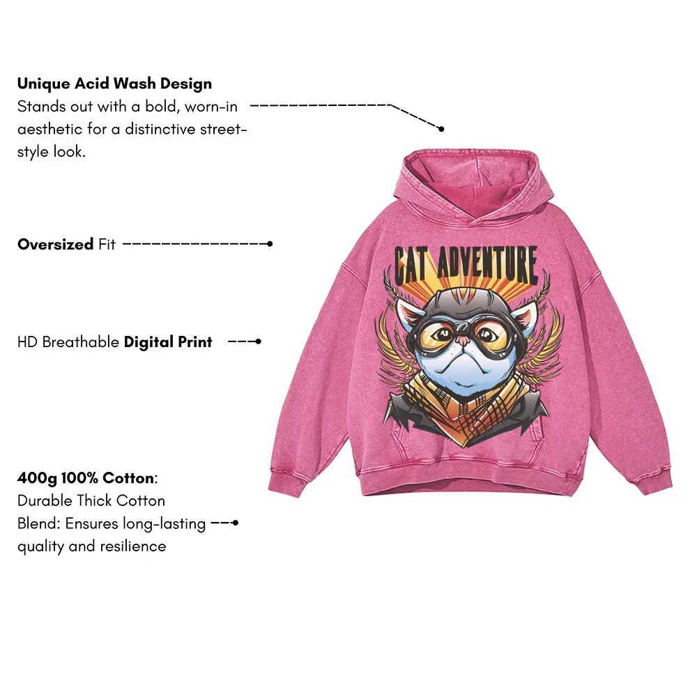 Adventure Cat Acid Wash Oversized Pink Hoodie - Image 3