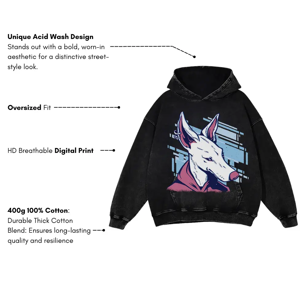 White Pink Dog Acid Wash Oversized Hoodie - Image 3