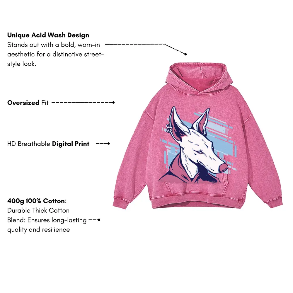 White Pink Dog Acid Wash Oversized Pink Hoodie - Image 3