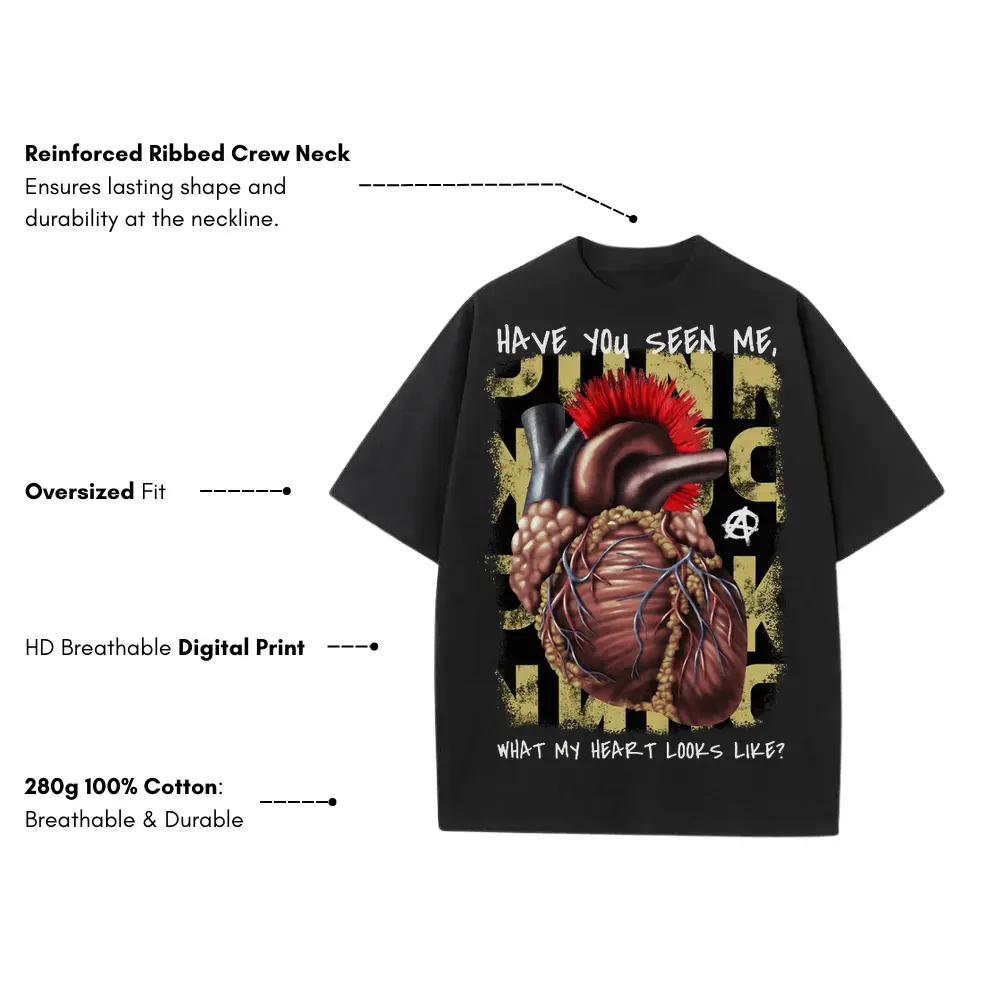 32279 Punk Heart Heavyweight Oversized Black Graphic Tee - Image 3
