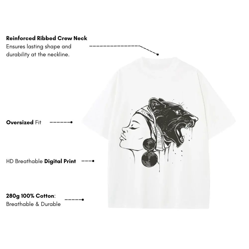 African Woman Lion Heavyweight Oversized White Graphic Tee - Image 3