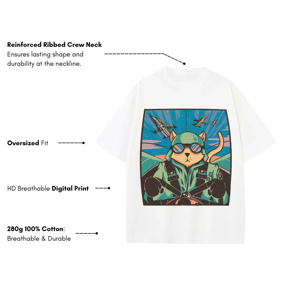 Airplane Cat Heavyweight Oversized White Graphic Tee - Image 3