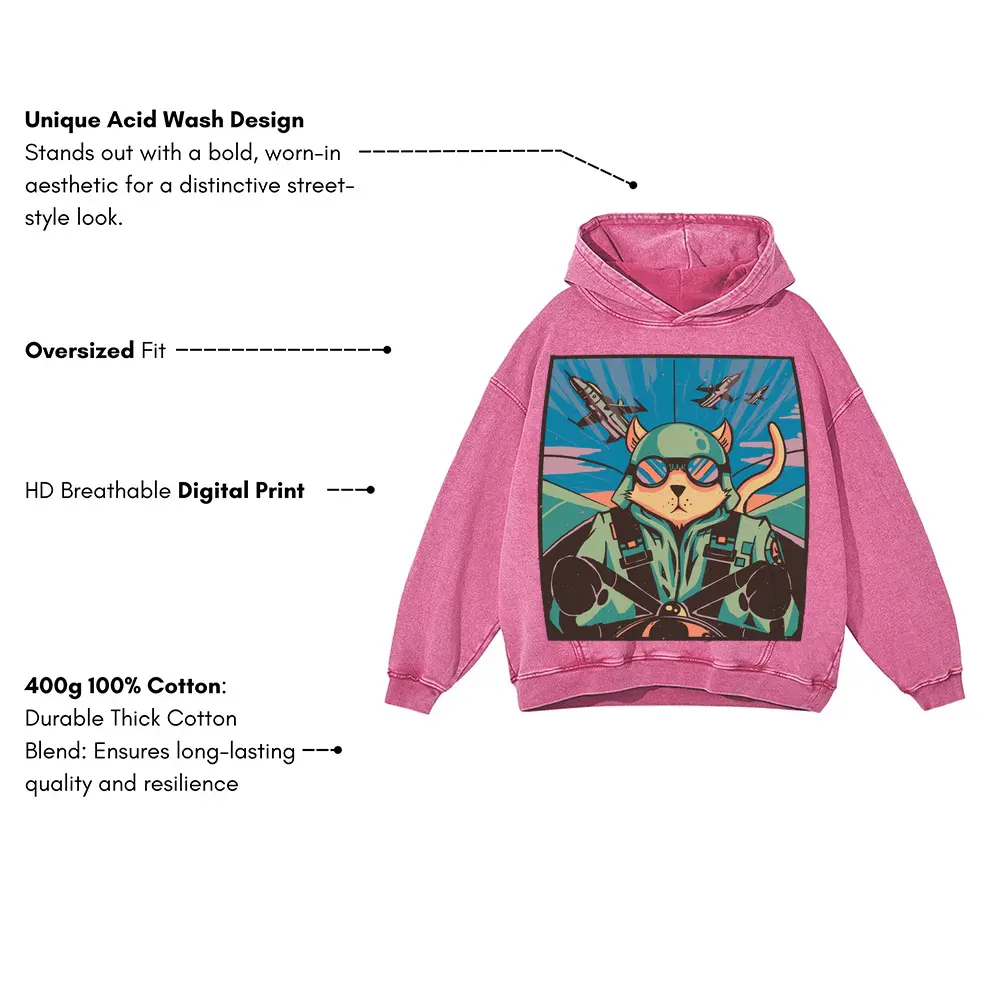 Airplane Cat Acid Wash Oversized Pink Hoodie - Image 3