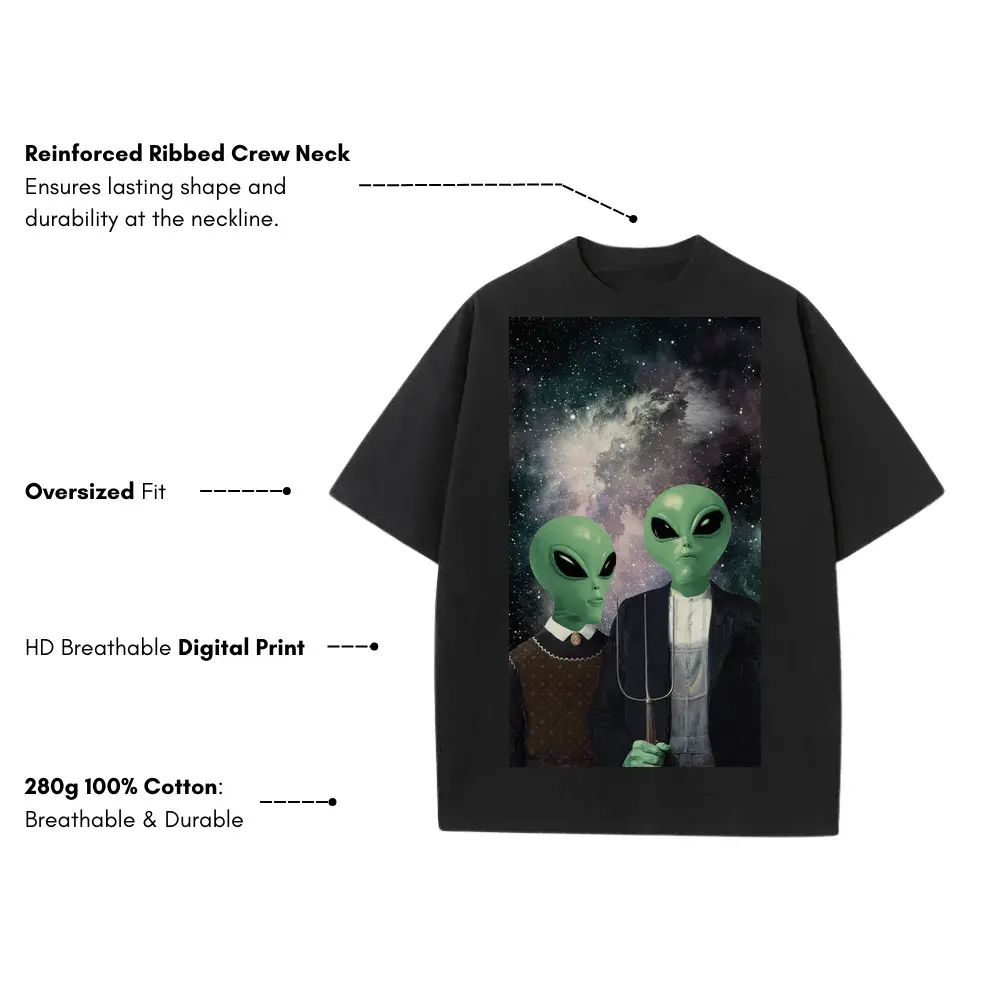 American Gothic Phonecase B Heavyweight Oversized Black Graphic Tee - Image 3