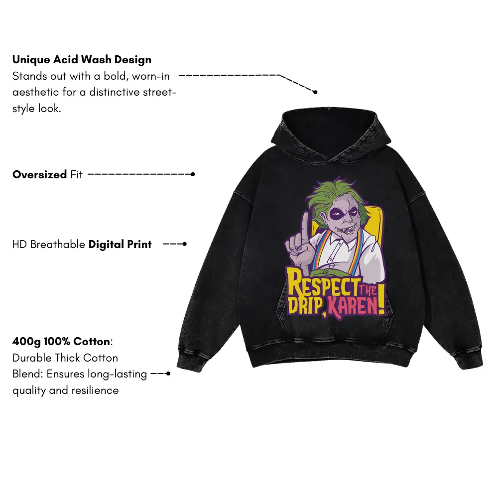 Beetle Respect Drip Acid Wash Oversized Hoodie - Image 3