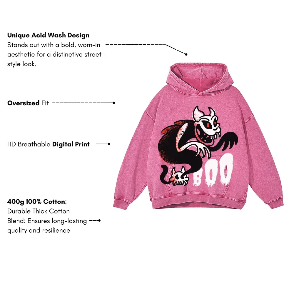 Boo Ghost Cat Acid Wash Oversized Pink Hoodie - Image 3