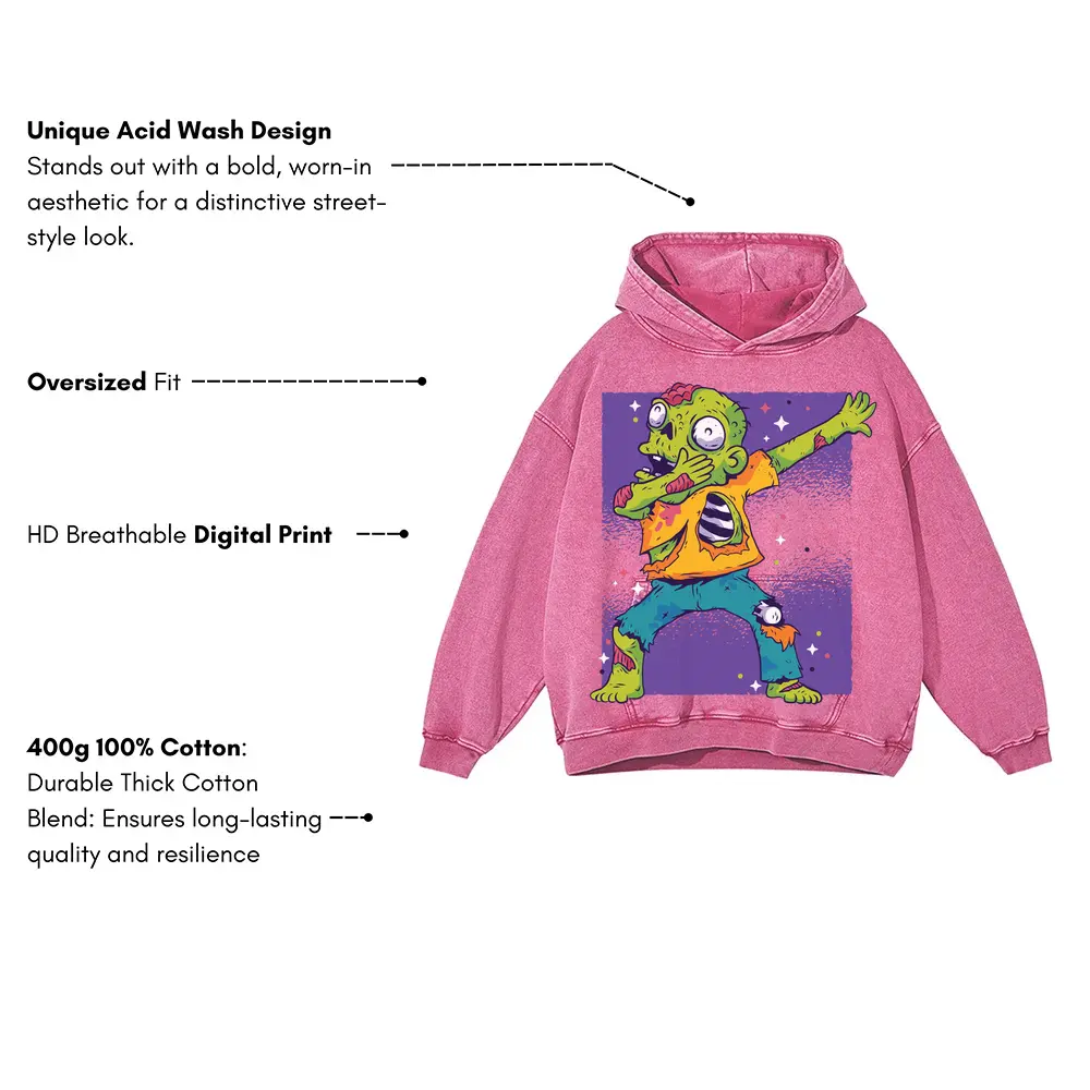 Zombie Dab 0 Hq Acid Wash Oversized Pink Hoodie - Image 3