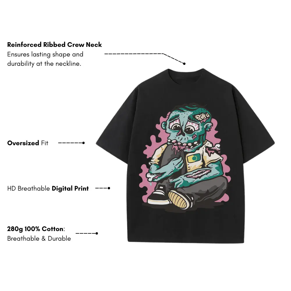 Zombie Eating Knee Heavyweight Oversized Black Graphic Tee - Image 3
