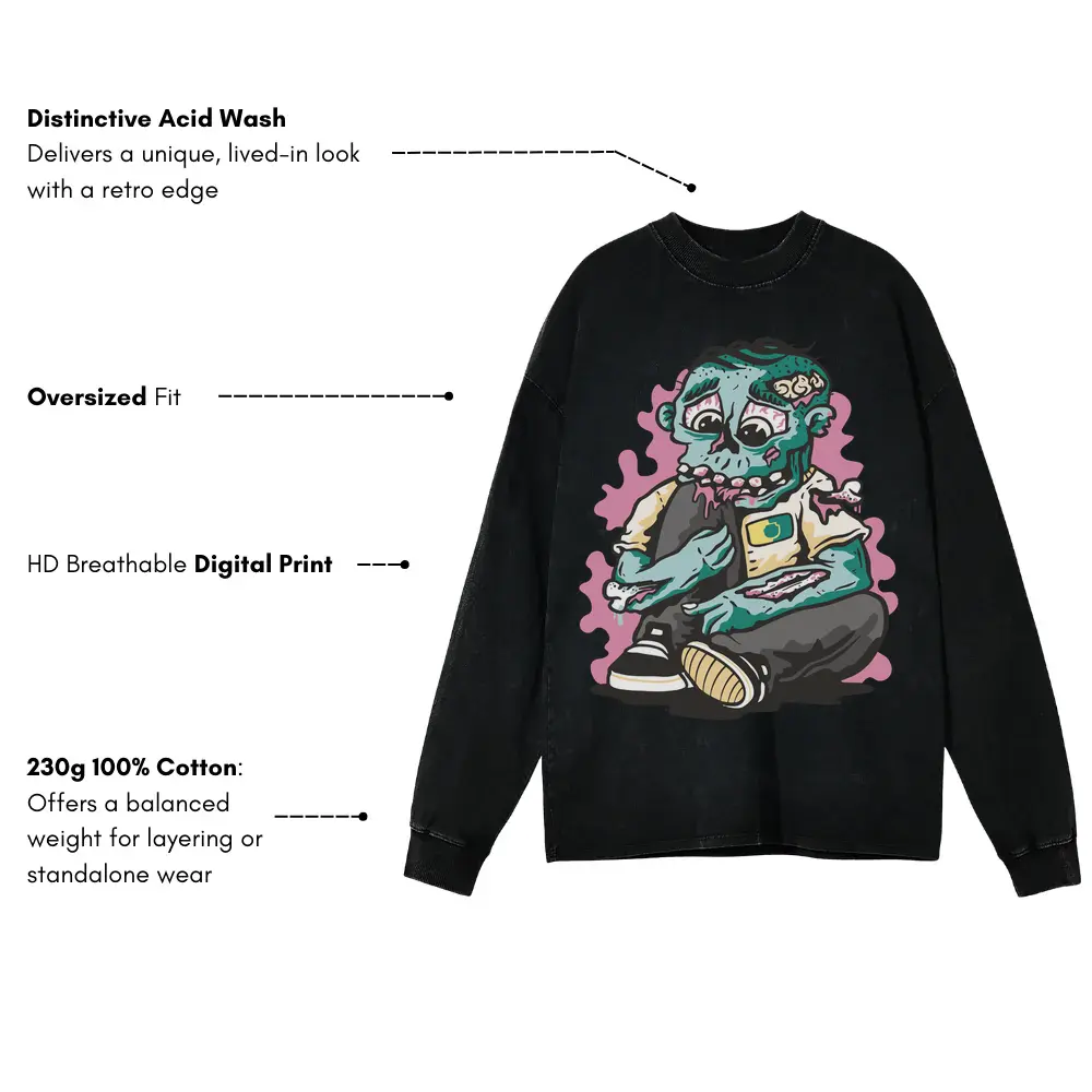 Zombie Eating Knee Acid Wash Oversized Long Sleeve Shirt - Image 3