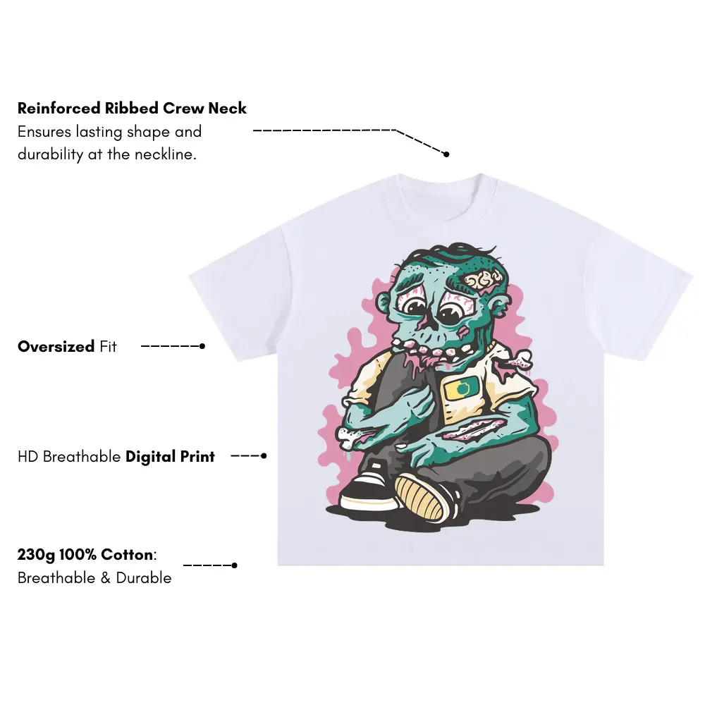 Zombie Eating Knee Oversized White Graphic Tee - Image 3