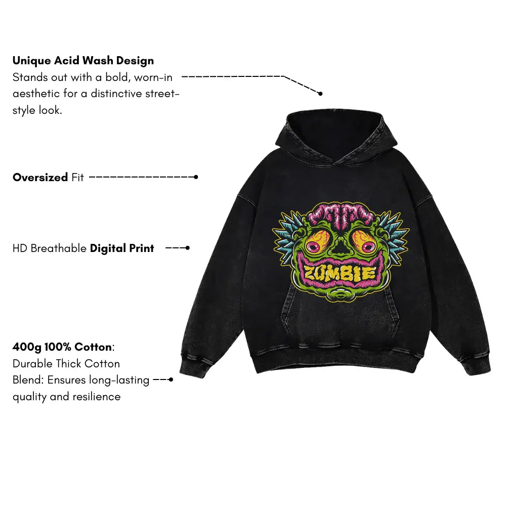 Zombie Face Acid Wash Oversized Hoodie - Image 3