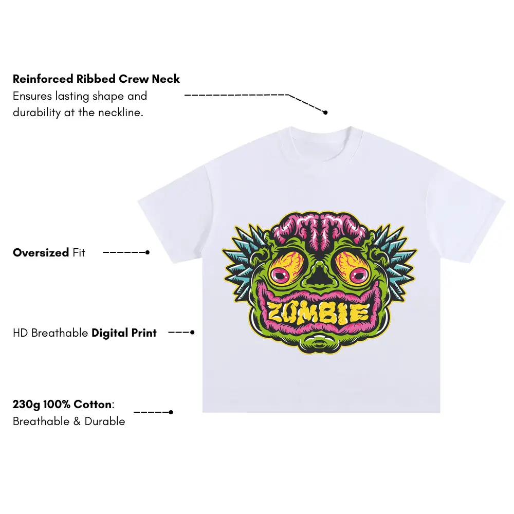 Zombie Face Oversized White Graphic Tee - Image 3