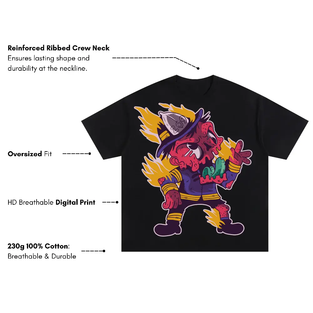 Zombie Firefighter Oversized Black Graphic Tee - Image 3