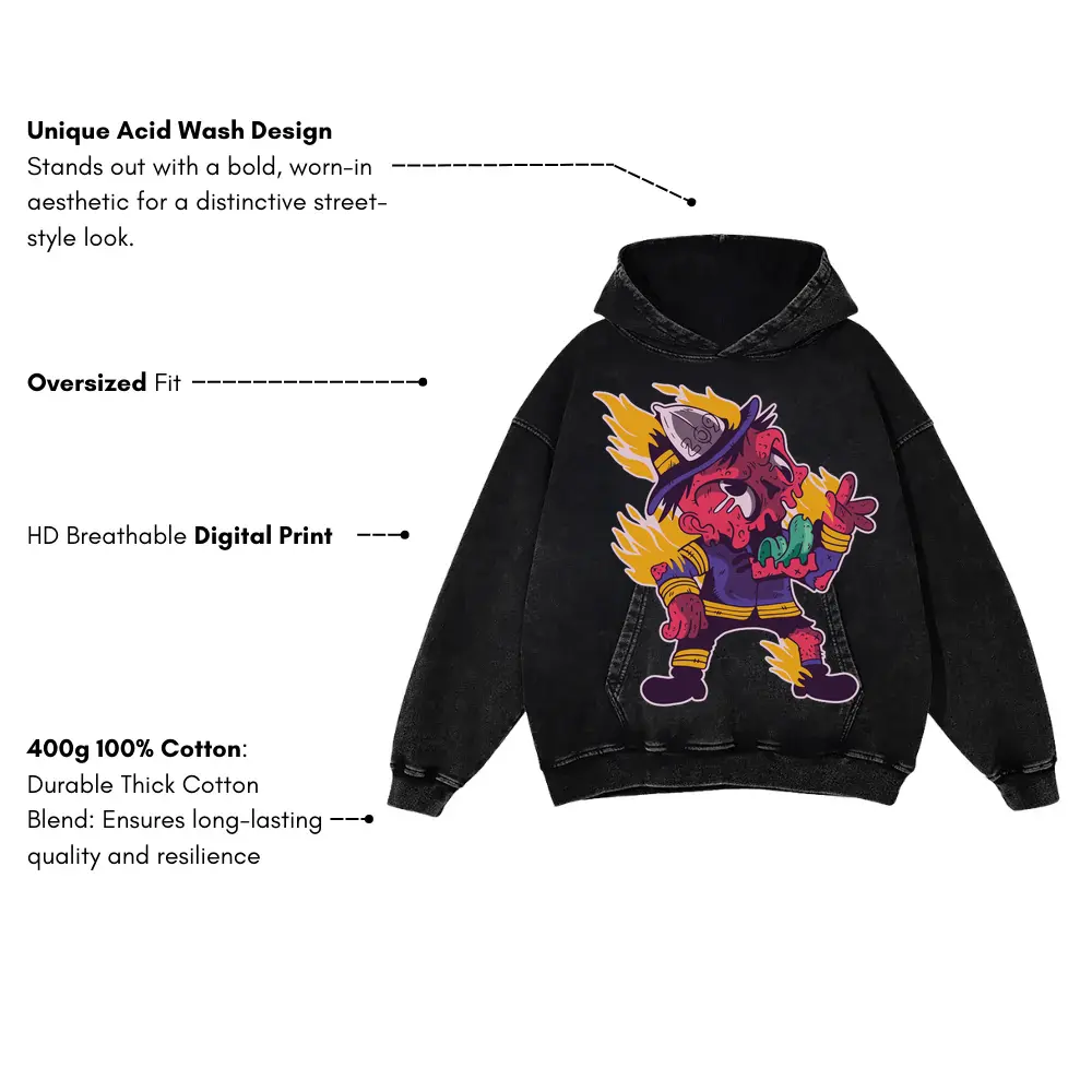 Zombie Firefighter Acid Wash Oversized Hoodie - Image 3