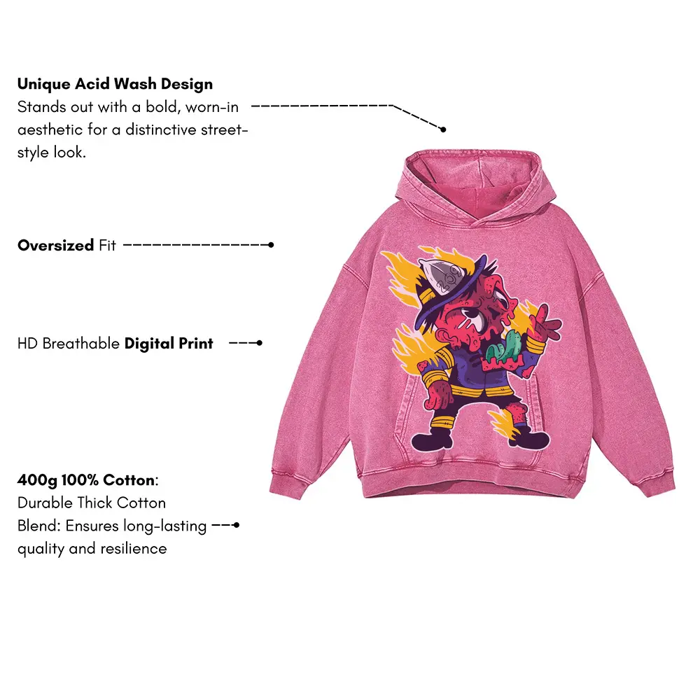 Zombie Firefighter Acid Wash Oversized Pink Hoodie - Image 3