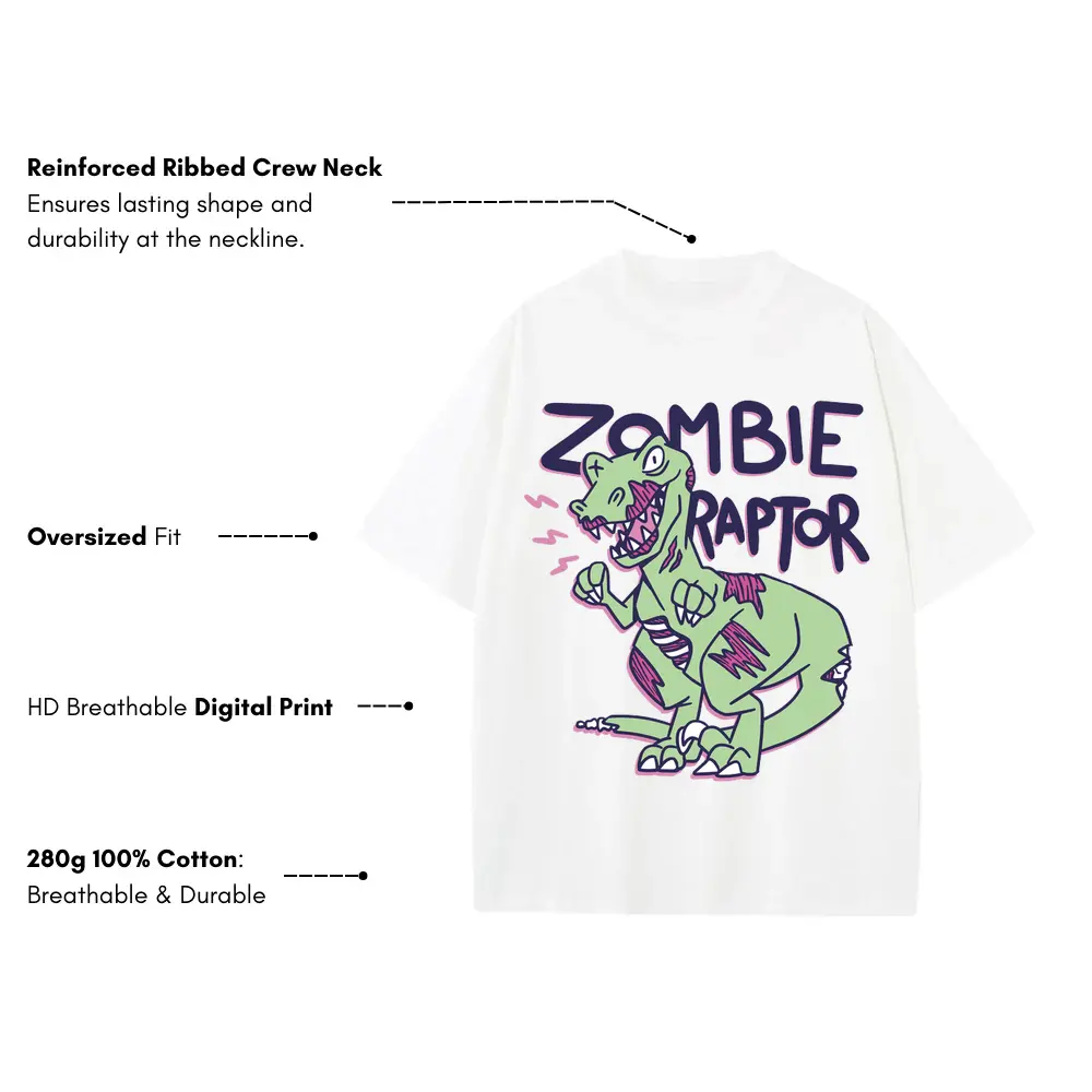Zombie Raptor Heavyweight Oversized White Graphic Tee - Image 3