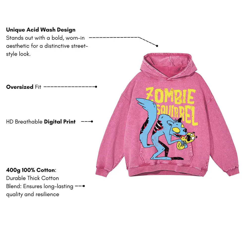 Zombie Squirrel Acid Wash Oversized Pink Hoodie - Image 3