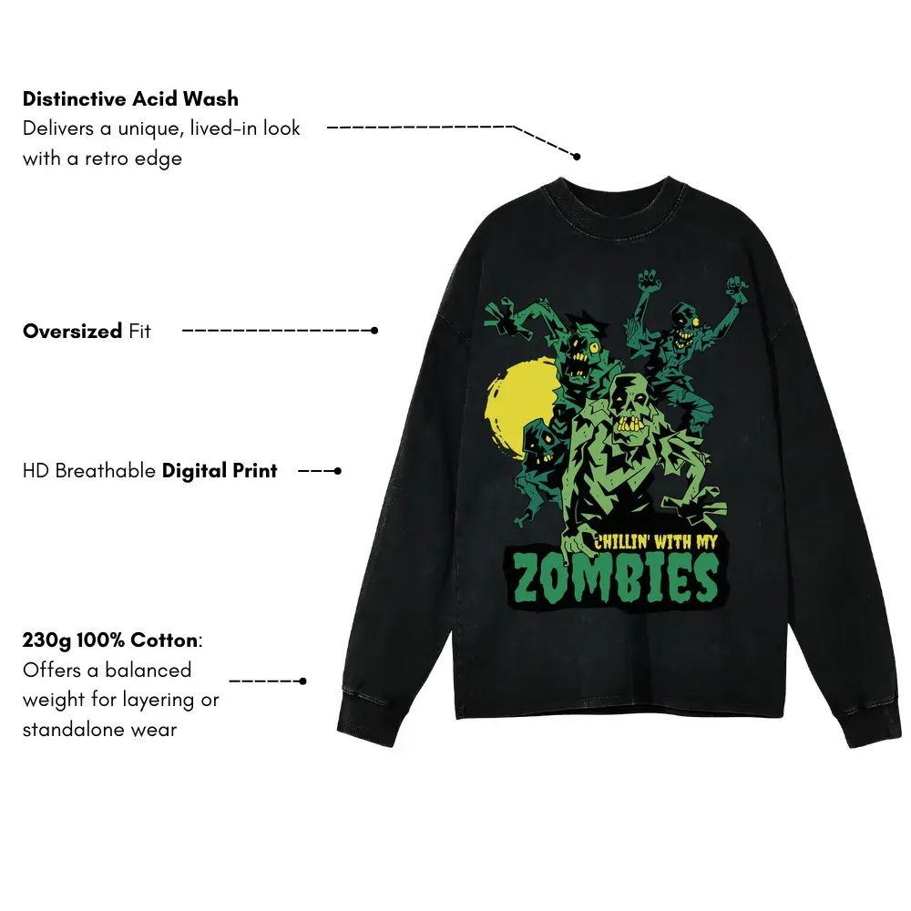 Zombies Quote Acid Wash Oversized Long Sleeve Shirt - Image 3