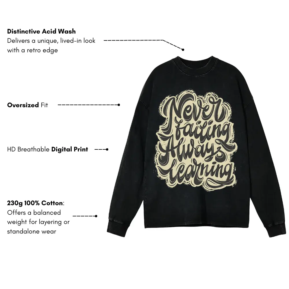 08 Lettering Never Failing Always Learning Si Acid Wash Oversized Long Sleeve Shirt - Image 3
