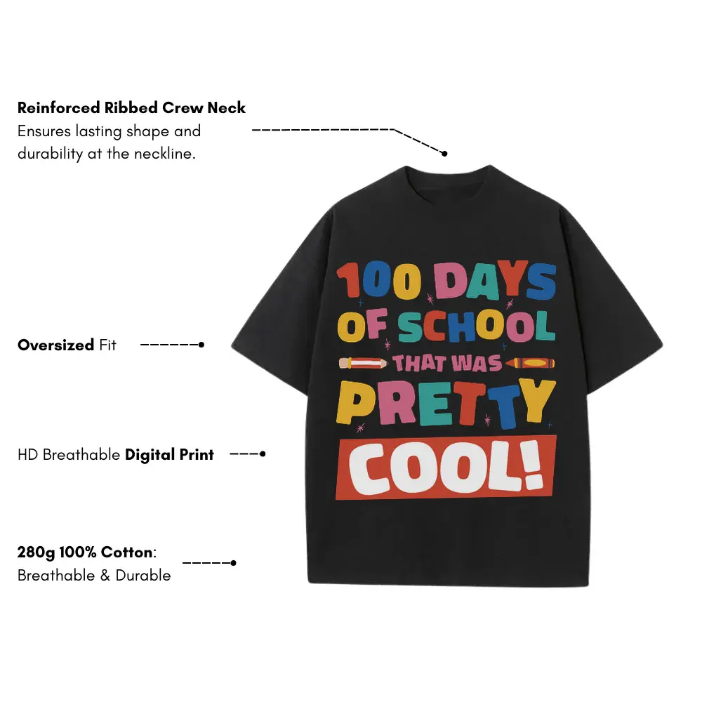 100 Days Of School Heavyweight Oversized Black Graphic Tee - Image 3
