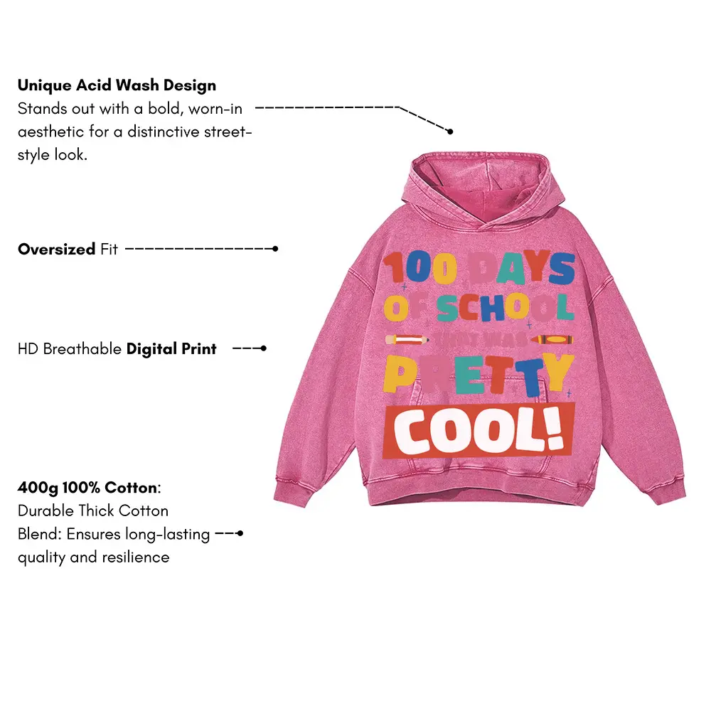 100 Days Of School Acid Wash Oversized Pink Hoodie - Image 3