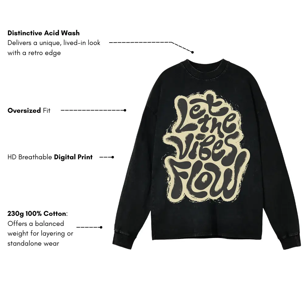 2 Lettering Let The Vibes Flow Si Acid Wash Oversized Long Sleeve Shirt - Image 3
