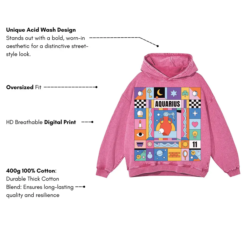 Aquarius Si Acid Wash Oversized Pink Hoodie - Image 3