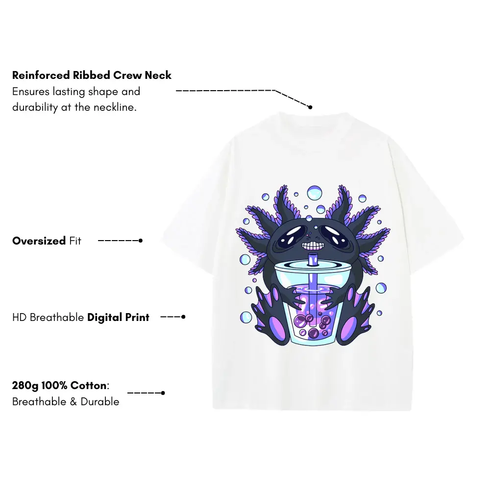 Axolotl Bouble Tea Heavyweight Oversized White Graphic Tee - Image 3