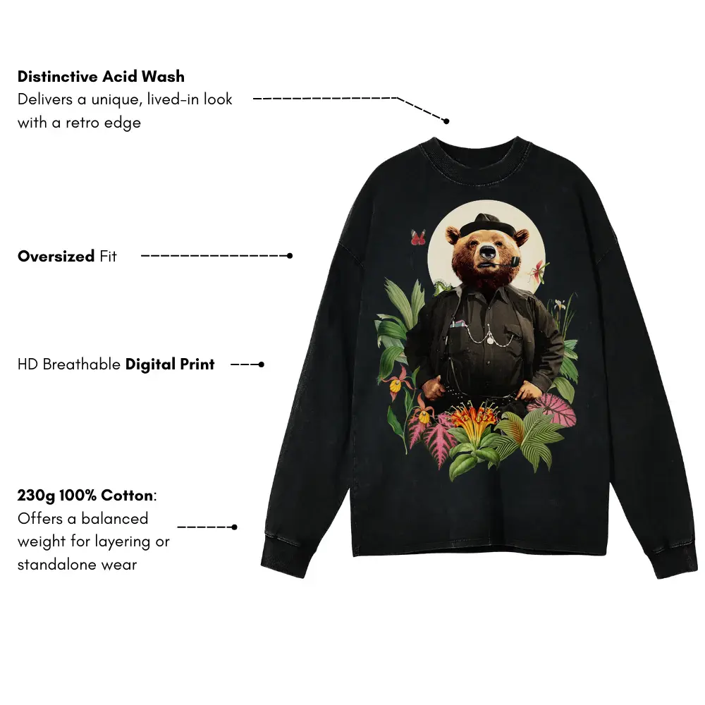 Bear Acid Wash Oversized Long Sleeve Shirt - Image 3