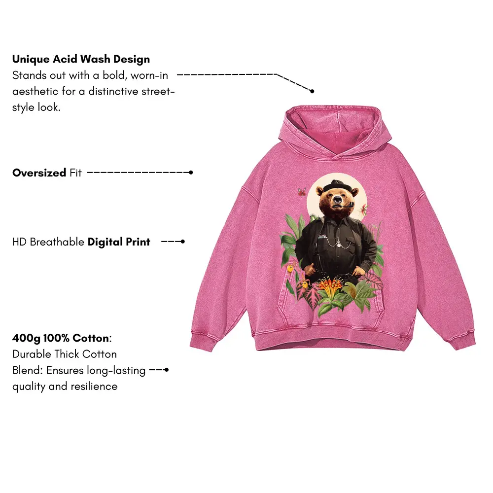 Bear Acid Wash Oversized Pink Hoodie - Image 3
