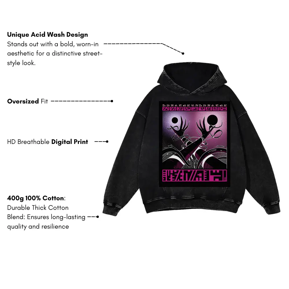 Beings Hands F Acid Wash Oversized Hoodie - Image 3