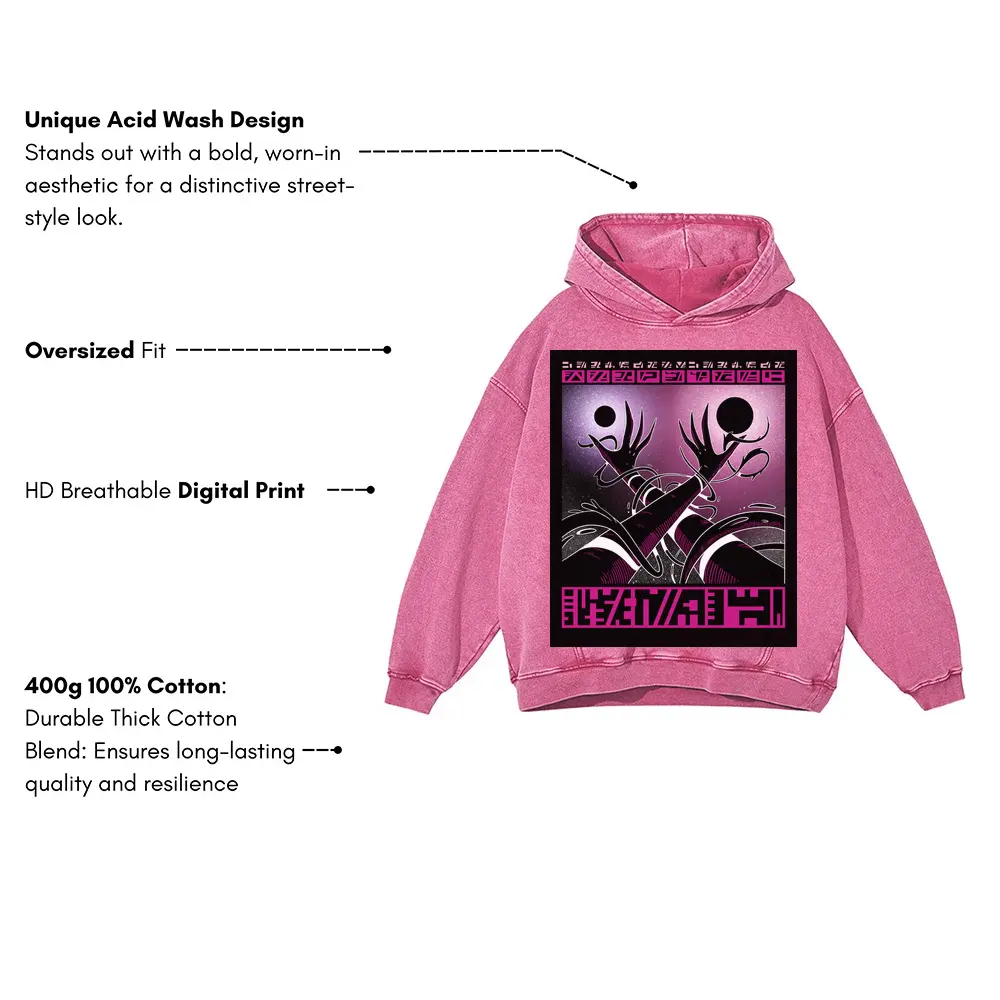Beings Hands F Acid Wash Oversized Pink Hoodie - Image 3