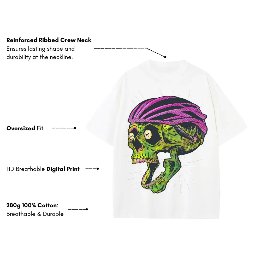 Bike Helmet Skull Heavyweight Oversized White Graphic Tee - Image 3