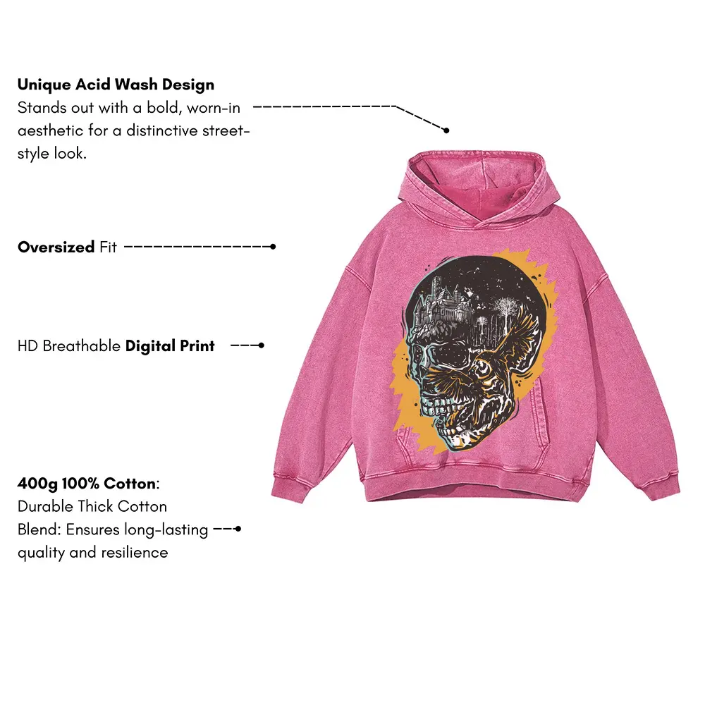 Crow Fight Skull Og Acid Wash Oversized Pink Hoodie - Image 3