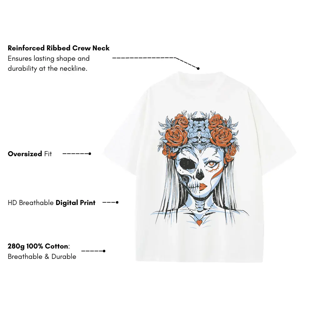 Half Skeleton Bride Heavyweight Oversized White Graphic Tee - Image 3