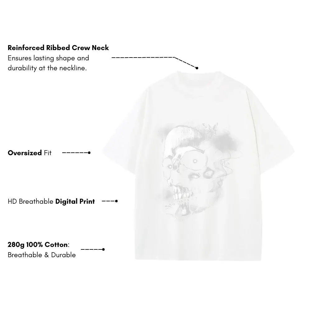 Monochrome Skull Nebula Heavyweight Oversized White Graphic Tee - Image 3