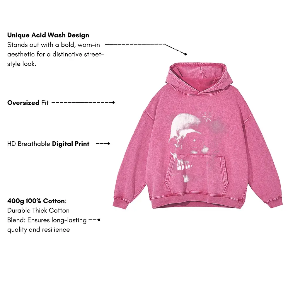 Monochrome Skull Nebula Acid Wash Oversized Pink Hoodie - Image 3