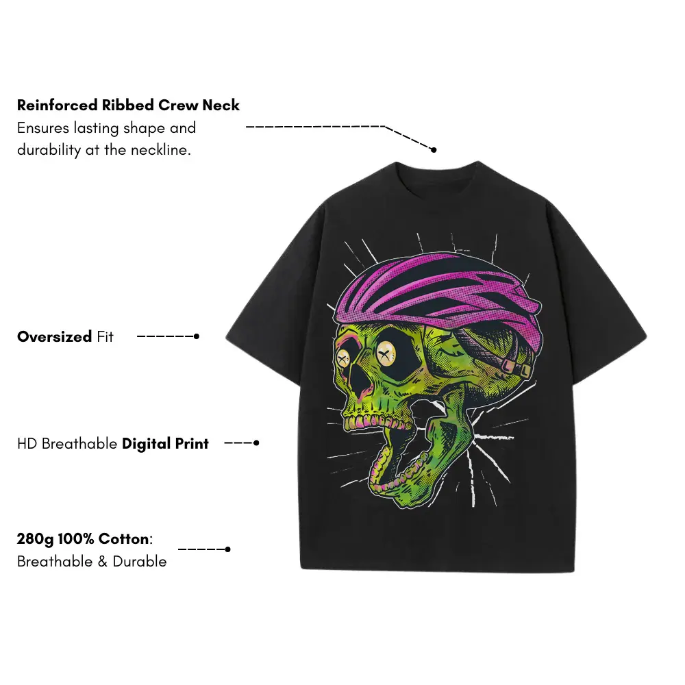 Bike Helmet Skull Heavyweight Oversized Black Graphic Tee - Image 3