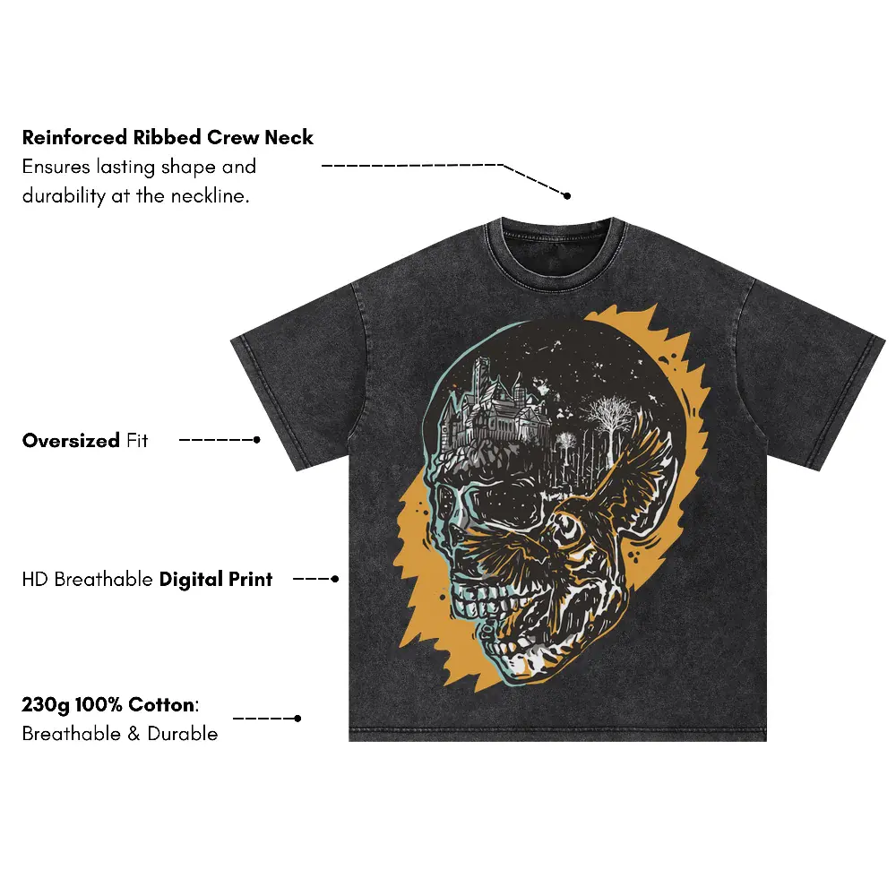 Crow Fight Skull Og Oversized Acid Wash T-shirt - Image 3