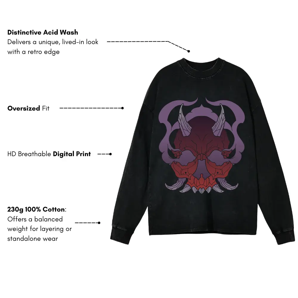Demon Skull Halloween Acid Wash Oversized Long Sleeve Shirt - Image 3