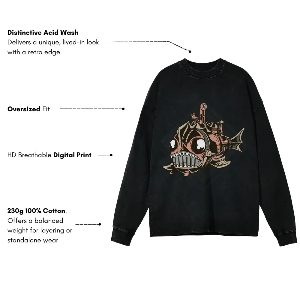 Fish Steampunk Acid Wash Oversized Long Sleeve Shirt - Image 3